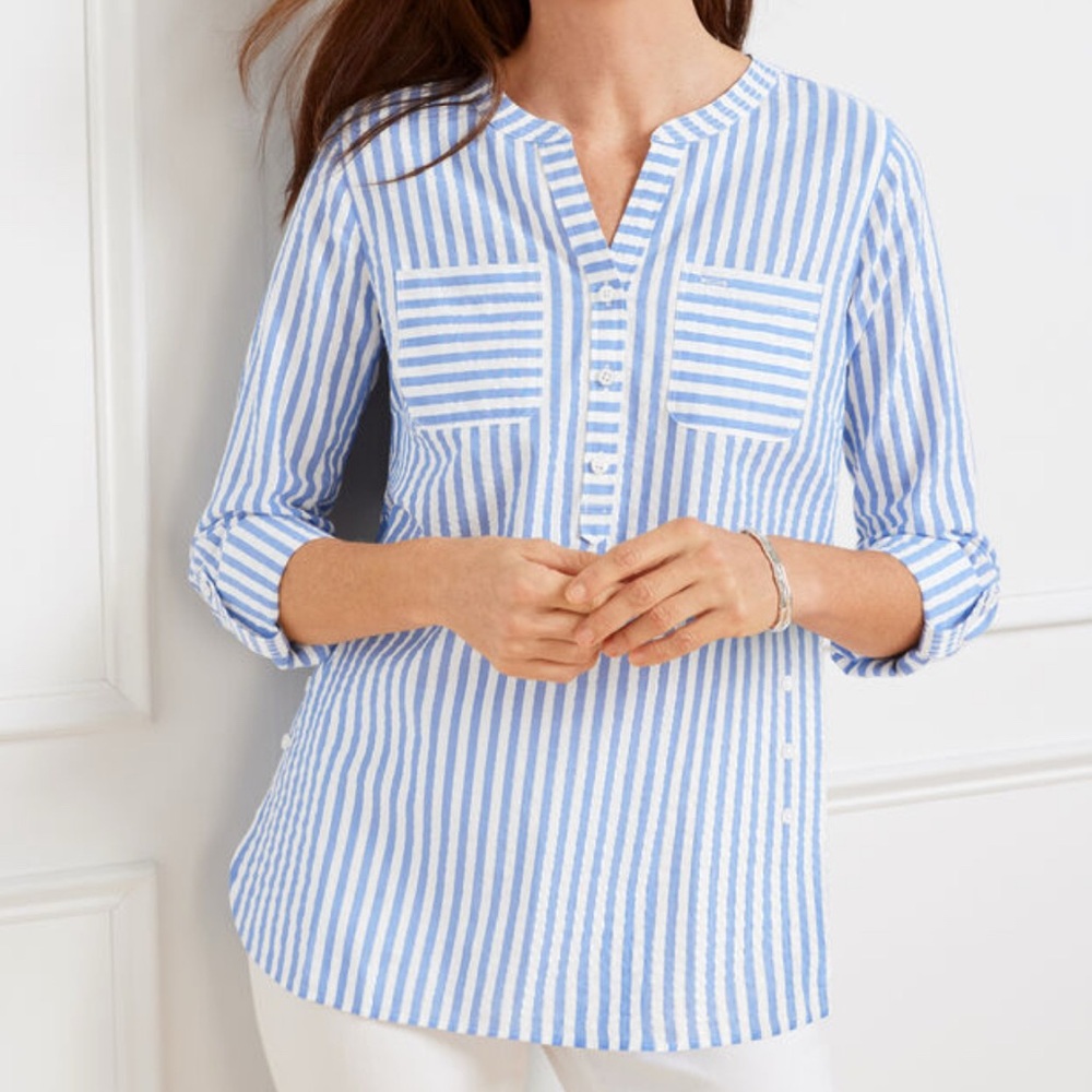 Talbots Blue and White Striped Long Sleeve Blouse M NWOT